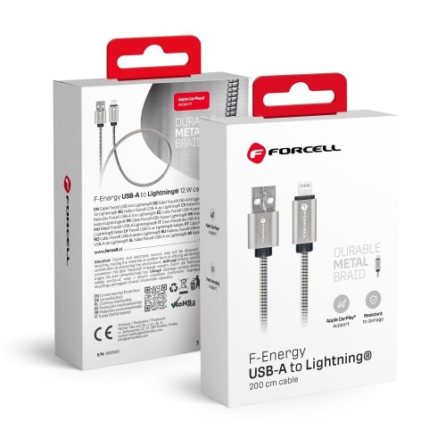 Pancerny kabel USB-A do Lightning Forcell F-Energy Metal 12W – 2 m – Srebrny