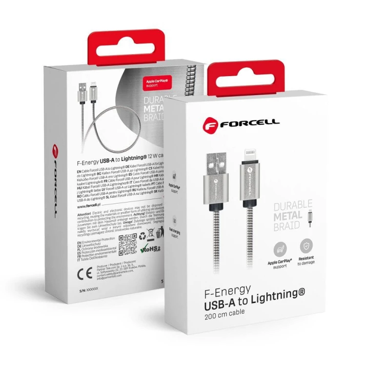 Pancerny kabel USB-A do Lightning Forcell F-Energy Metal 12W – 2 m – Srebrny