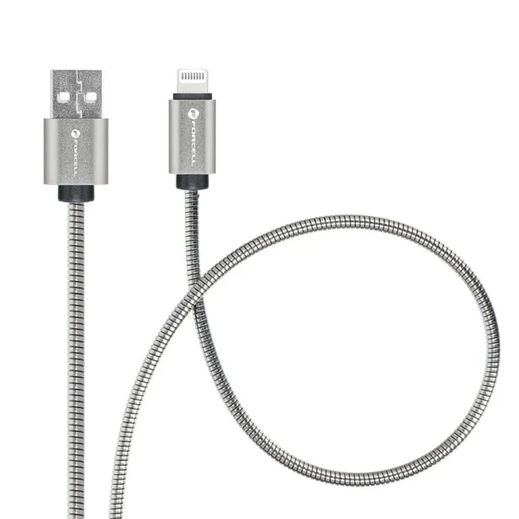 Pancerny kabel USB-A do Lightning Forcell F-Energy Metal 12W – 2 m – Srebrny