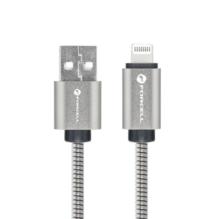 Pancerny kabel USB-A do Lightning Forcell F-Energy Metal 12W – 2 m – Srebrny