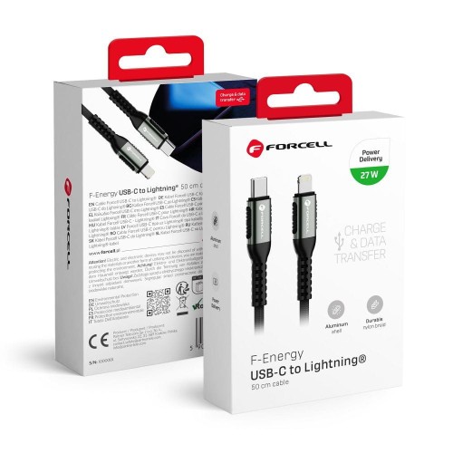 Krótki kabel USB-C do Lightning Forcell F-Energy Cafule 27W PD – 0,5 m – Czarny