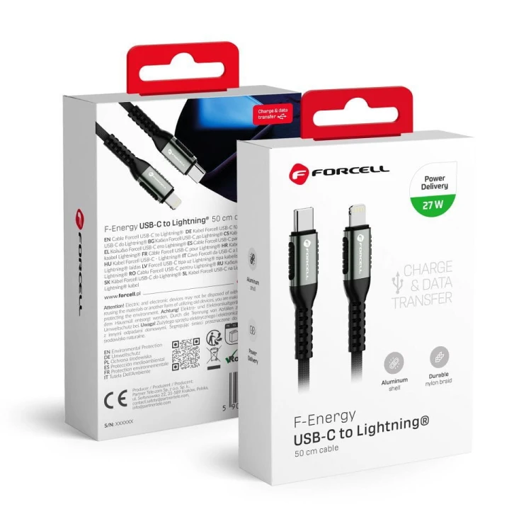 Krótki kabel USB-C do Lightning Forcell F-Energy Cafule 27W PD – 0,5 m – Czarny