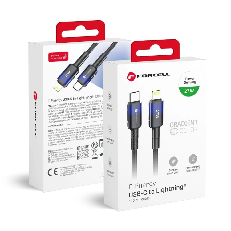 Stylowy kabel USB-C do Lightning Forcell F-Energy Gradient 27W PD – 1 m – Czarny