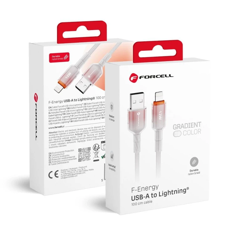Stylowy kabel USB-A do Lightning Forcell F-Energy Gradient 12W – 1 m – Biały