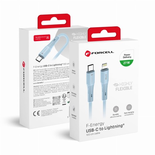 Aksamitnie elastyczny kabel USB-C do Lightning Forcell F-Energy Silicone 27W PD – 1 m – Niebieski