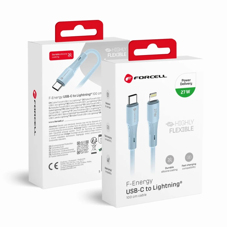 Aksamitnie elastyczny kabel USB-C do Lightning Forcell F-Energy Silicone 27W PD – 1 m – Niebieski