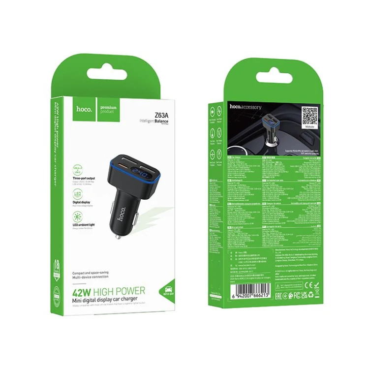 Ładowarka Samochodowa Hoco Z63A 42W 2xUSB-A + USB-C PD LCD Szybka
