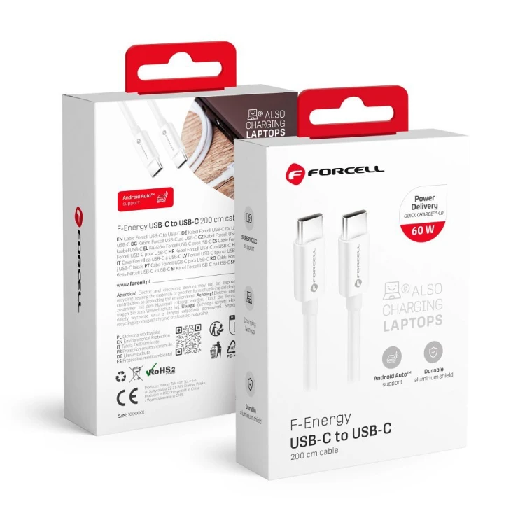 Superszybki kabel USB-C do USB-C Forcell F-Energy 60W PD – 2 m – Biały