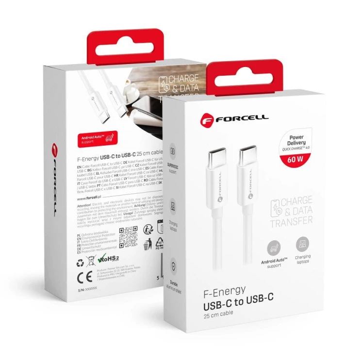 Ultra-krótki kabel USB-C do USB-C Forcell F-Energy 60W PD – 0,25 m – Biały