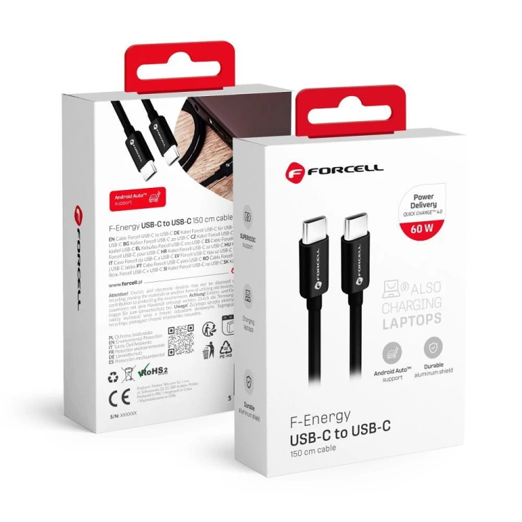 Superszybki kabel USB-C do USB-C Forcell F-Energy 60W PD – 1,5 m – Czarny