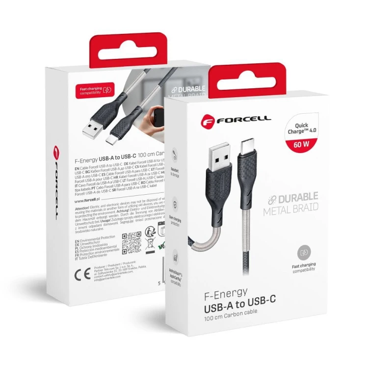 Wytrzymały kabel USB-A do USB-C Forcell F-Energy Carbon 60W QC 4.0 – 1 m – Czarny