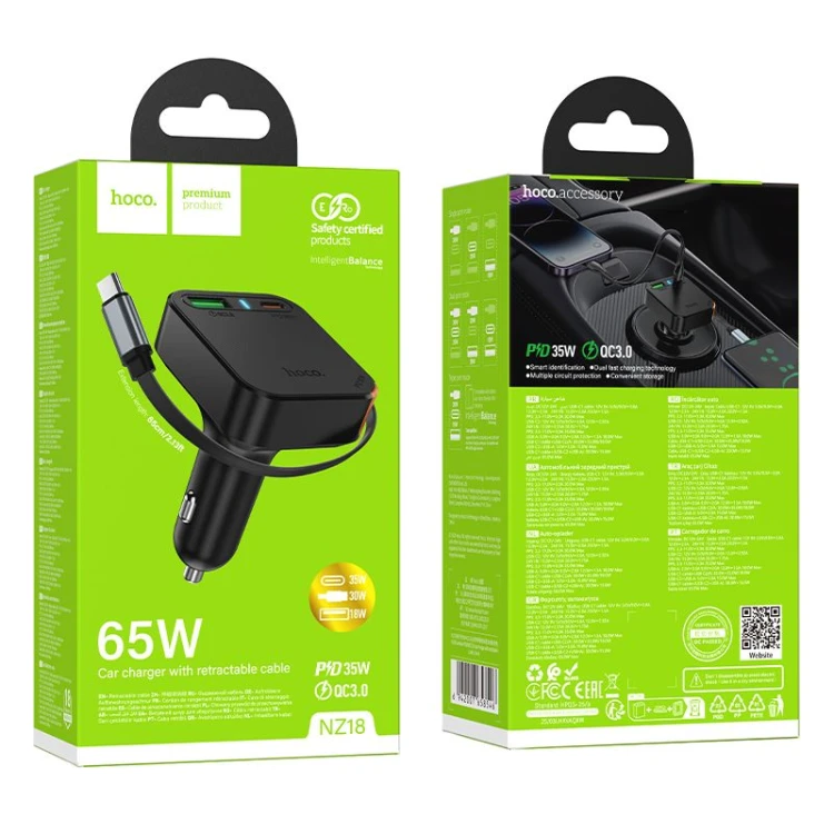 Ładowarka Samochodowa Hoco NZ18 65W ze Zwijanym Kablem USB-C + USB-A