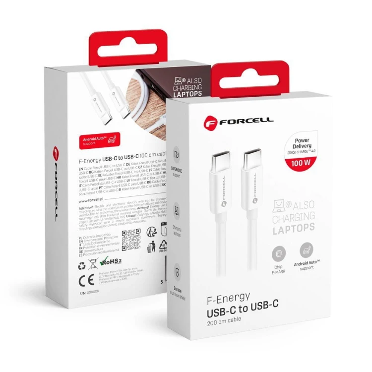 Superszybki kabel USB-C do USB-C Forcell F-Energy 100W PD z chipem E-Mark – 2 m – Biały