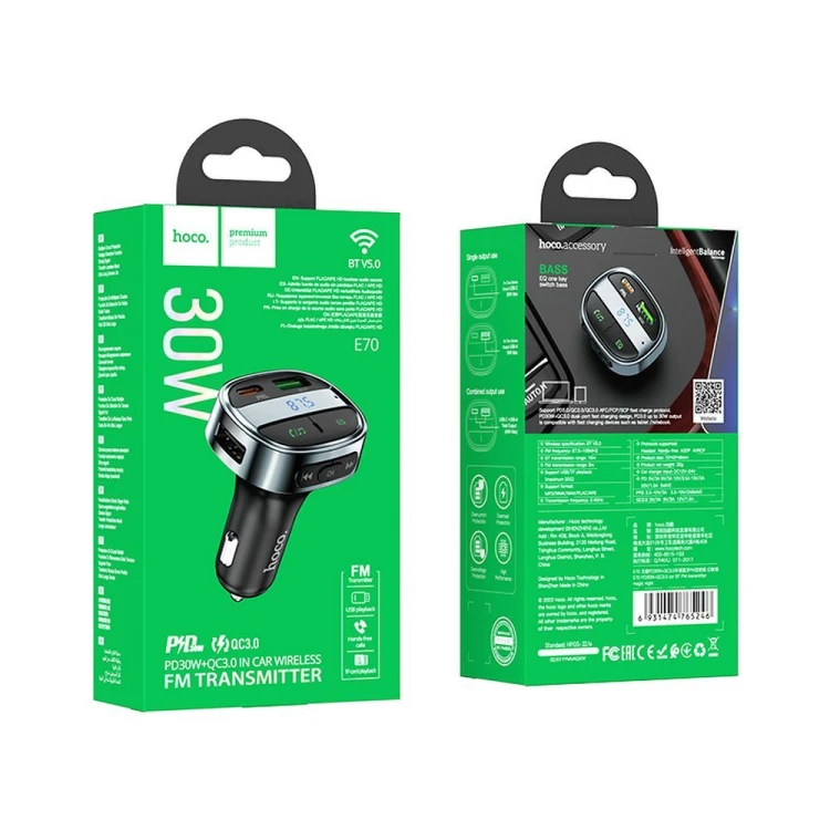 Transmiter FM Bluetooth Hoco E70 USB-C PD 30W + USB-A QC 18W 48W