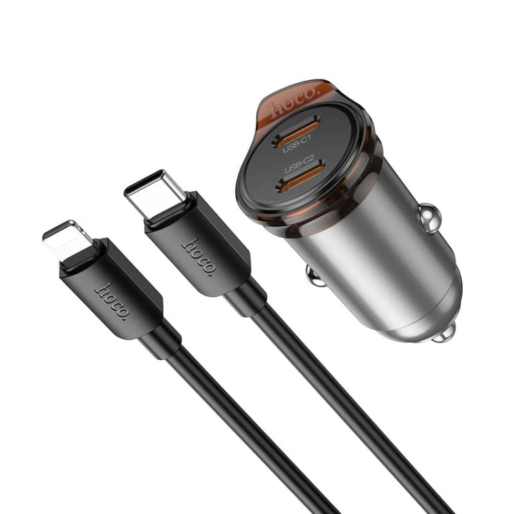 Ładowarka Samochodowa Hoco NZ16B 2xUSB-C PD 45W + Kabel Lightning