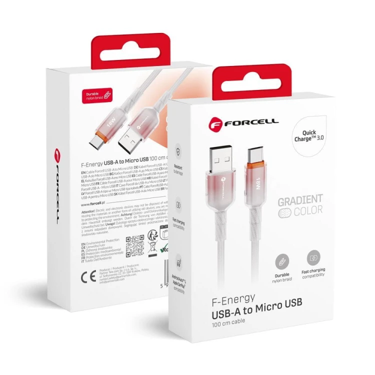 Stylowy kabel USB-A do Micro USB Forcell F-Energy Gradient 18W QC 3.0 – 1 m – Biały
