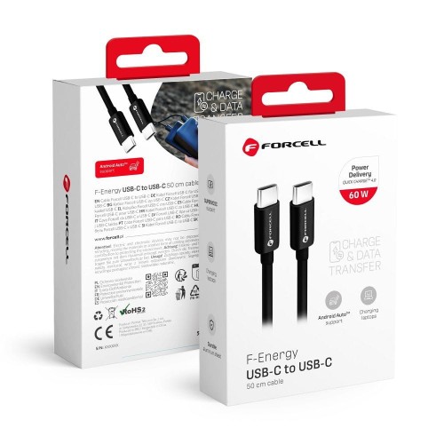 Krótki kabel USB-C do USB-C Forcell F-Energy 60W PD – 0,5 m – Czarny
