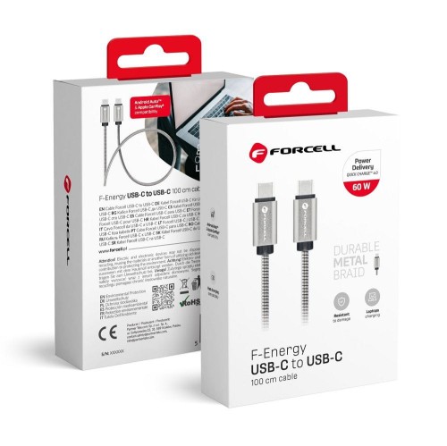 Pancerny kabel USB-C do USB-C Forcell F-Energy Metal 60W PD – 1 m – Srebrny