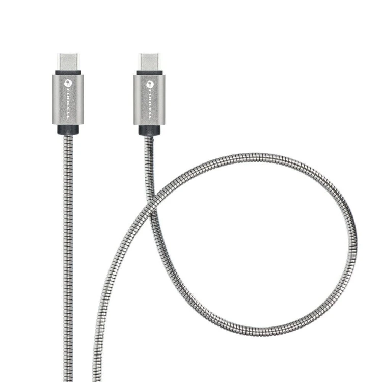 Pancerny kabel USB-C do USB-C Forcell F-Energy Metal 60W PD – 1 m – Srebrny