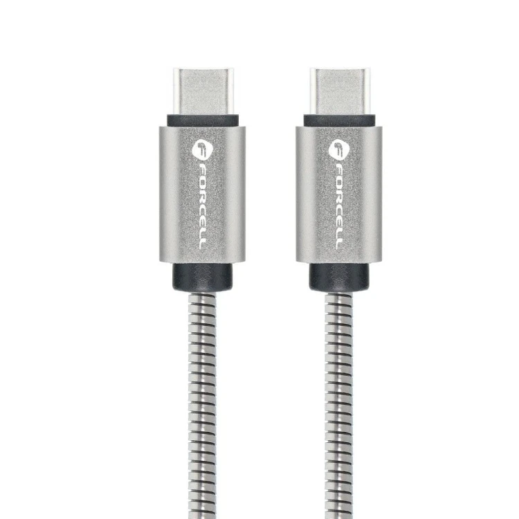 Pancerny kabel USB-C do USB-C Forcell F-Energy Metal 60W PD – 1 m – Srebrny