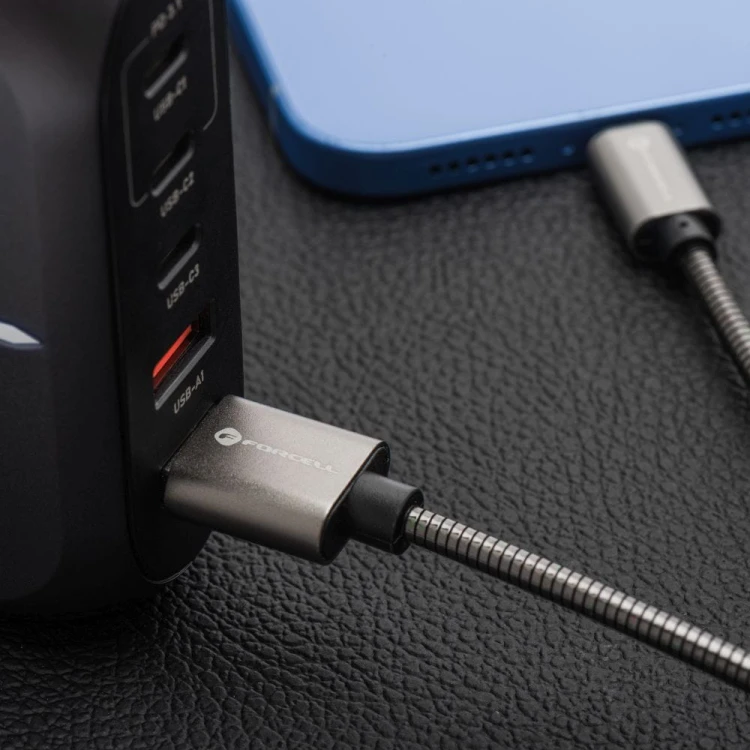 Pancerny kabel USB-C do USB-C Forcell F-Energy Metal 60W PD – 1 m – Srebrny