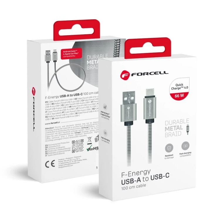 Pancerny kabel USB-A do USB-C Forcell F-Energy Metal QC 3.0 – 1 m – Srebrny