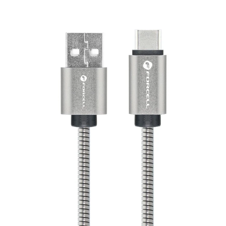 Pancerny kabel USB-A do USB-C Forcell F-Energy Metal QC 3.0 – 1 m – Srebrny