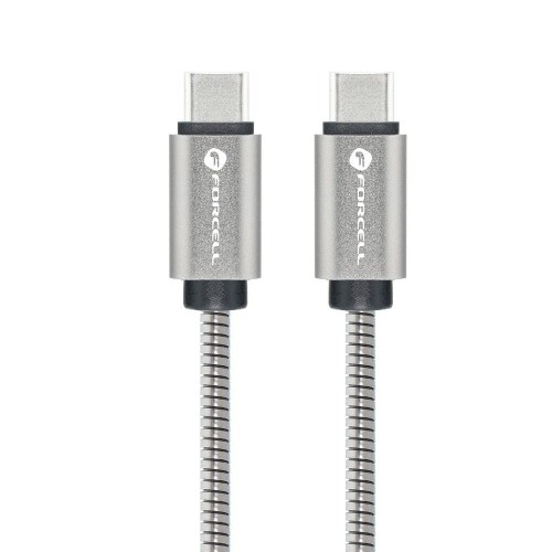 Pancerny kabel USB-C do USB-C Forcell F-Energy Metal 100W PD z chipem E-Mark – 1 m – Srebrny