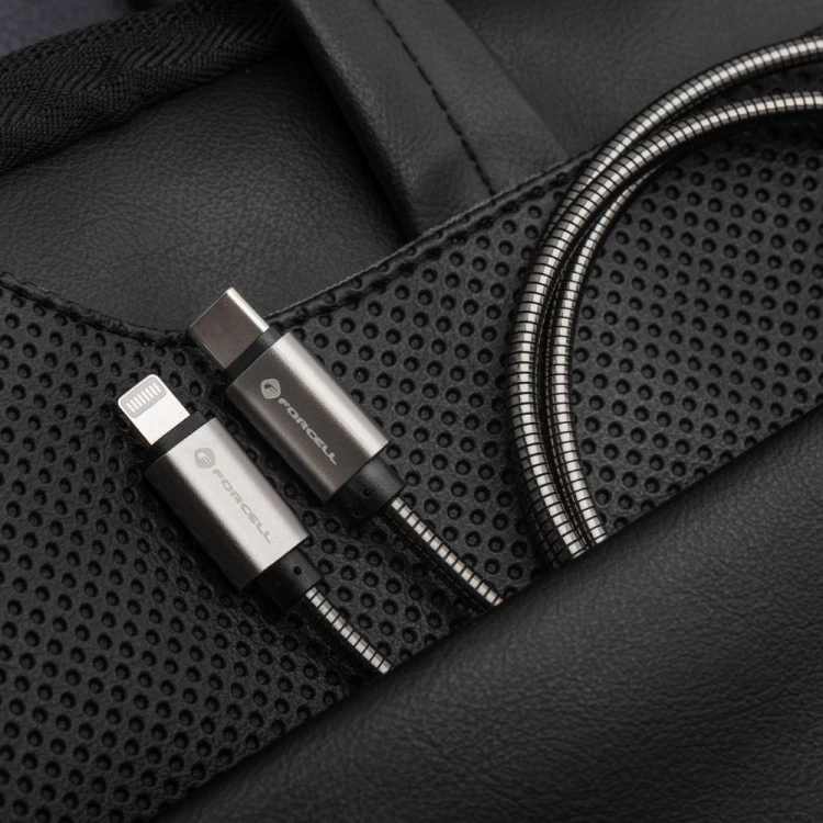 Pancerny kabel USB-C do USB-C Forcell F-Energy Metal 100W PD z chipem E-Mark – 1 m – Srebrny
