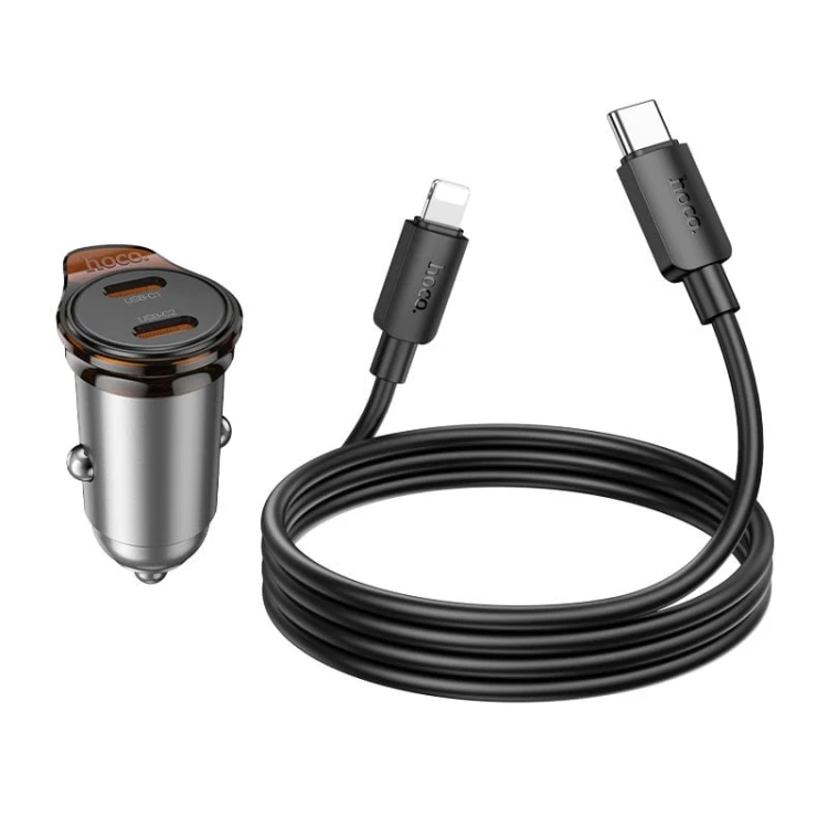 Ładowarka Samochodowa Hoco NZ16B 2xUSB-C PD 45W + Kabel Lightning