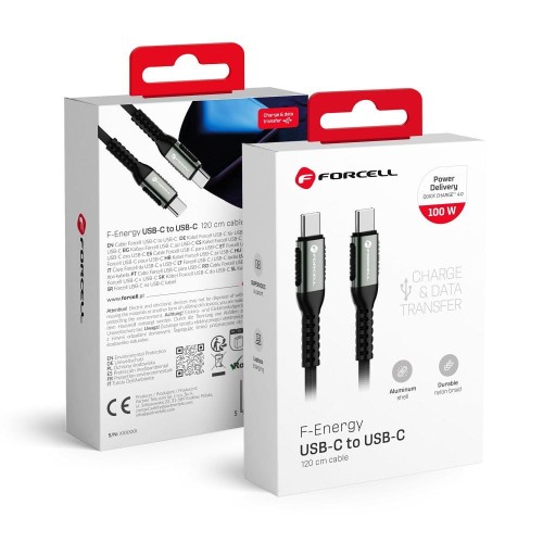 Wytrzymały kabel USB-C do USB-C Forcell F-Energy Cafule 100W PD – 1,2 m – Czarny