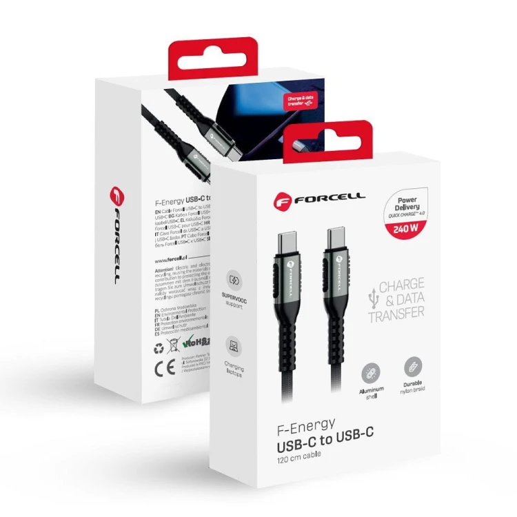 Ekstremalnie mocny kabel USB-C do USB-C Forcell F-Energy Cafule 240W PD – 1,2 m – Czarny