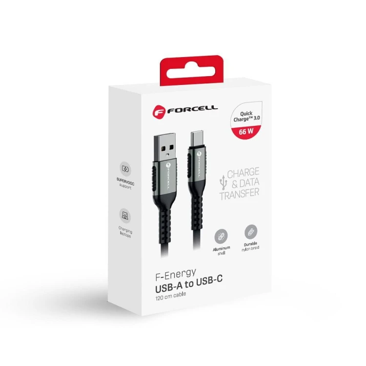 Wytrzymały kabel USB-A do USB-C Forcell F-Energy Cafule 66W – 1,2 m – Czarny