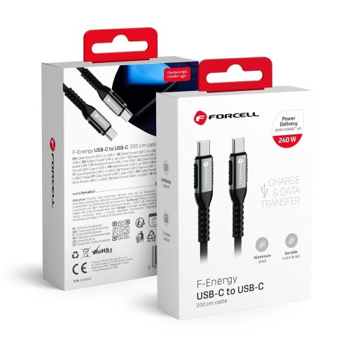 Ekstremalnie mocny kabel USB-C do USB-C Forcell F-Energy Cafule 240W PD – 2 m – Czarny
