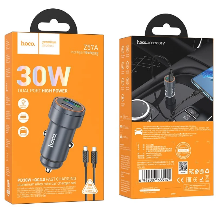 Aluminiowa Ładowarka Samochodowa Hoco Z57A 30W + Kabel USB-C do USB-C