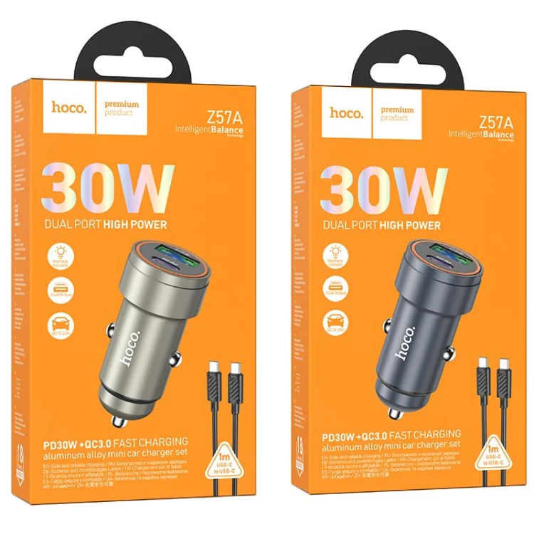 Aluminiowa Ładowarka Samochodowa Hoco Z57A 30W + Kabel USB-C do USB-C