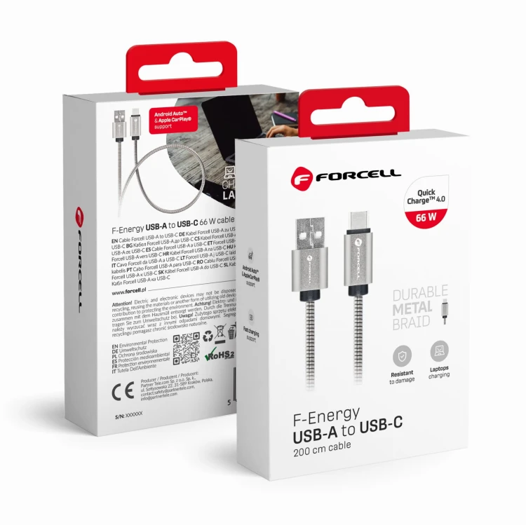 Pancerny kabel USB-A do USB-C Forcell F-Energy Metal 66W QC 4.0 – 2 m – Srebrny