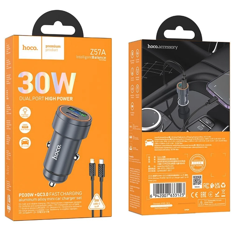 Aluminiowa Ładowarka Samochodowa Hoco Z57A 30W + Kabel iPhone Lightning
