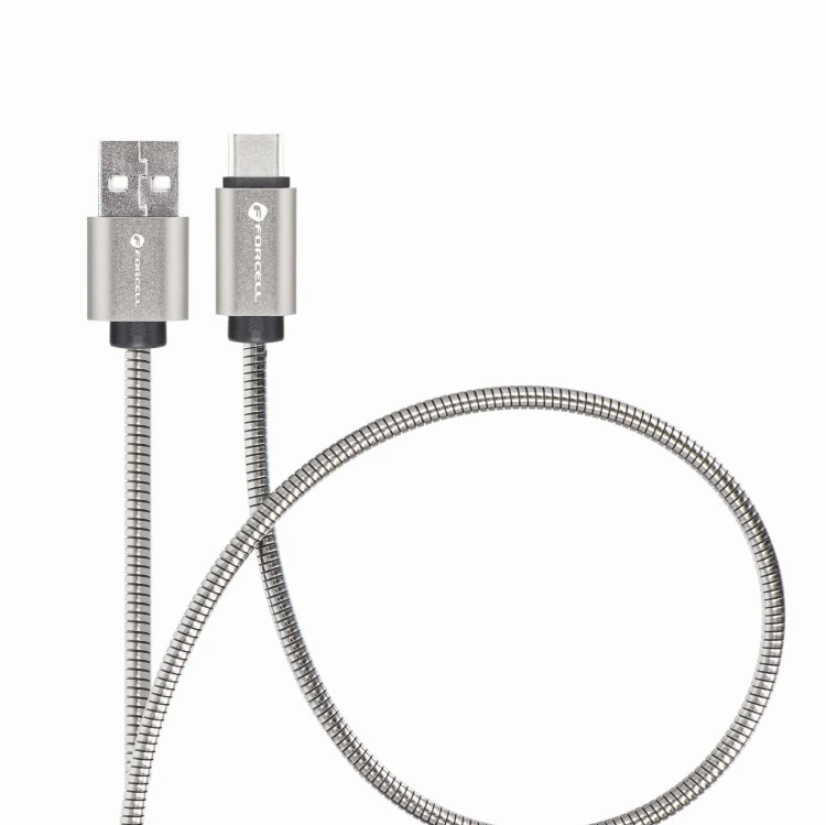 Pancerny kabel USB-A do USB-C Forcell F-Energy Metal 66W QC 4.0 – 2 m – Srebrny