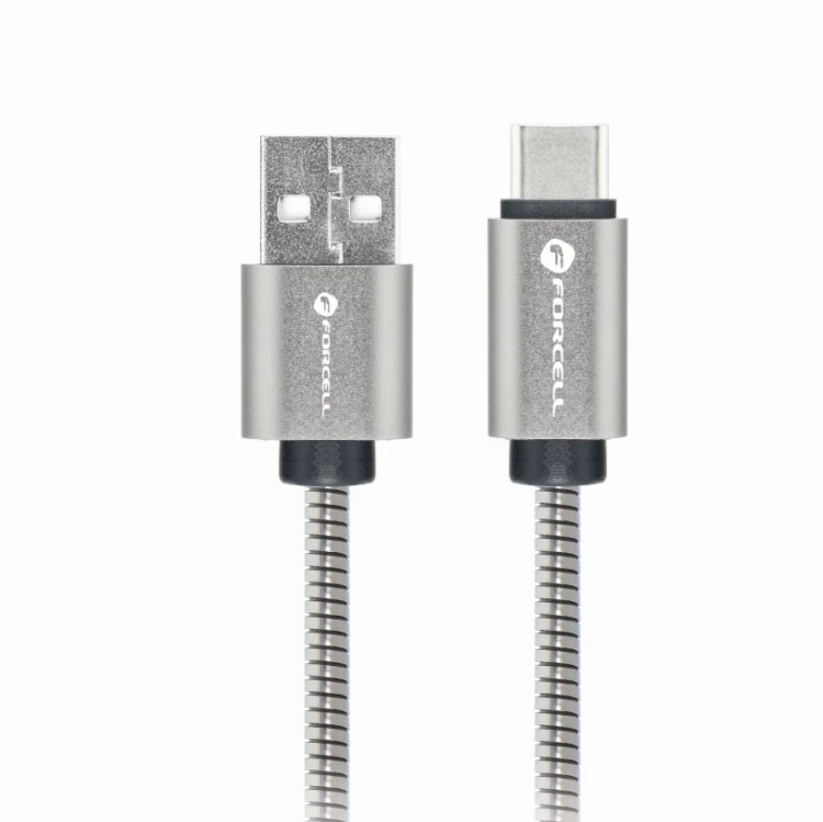 Pancerny kabel USB-A do USB-C Forcell F-Energy Metal 66W QC 4.0 – 2 m – Srebrny