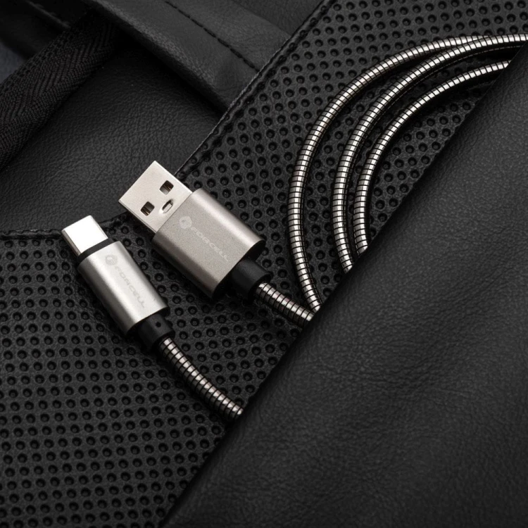Pancerny kabel USB-A do USB-C Forcell F-Energy Metal 66W QC 4.0 – 2 m – Srebrny