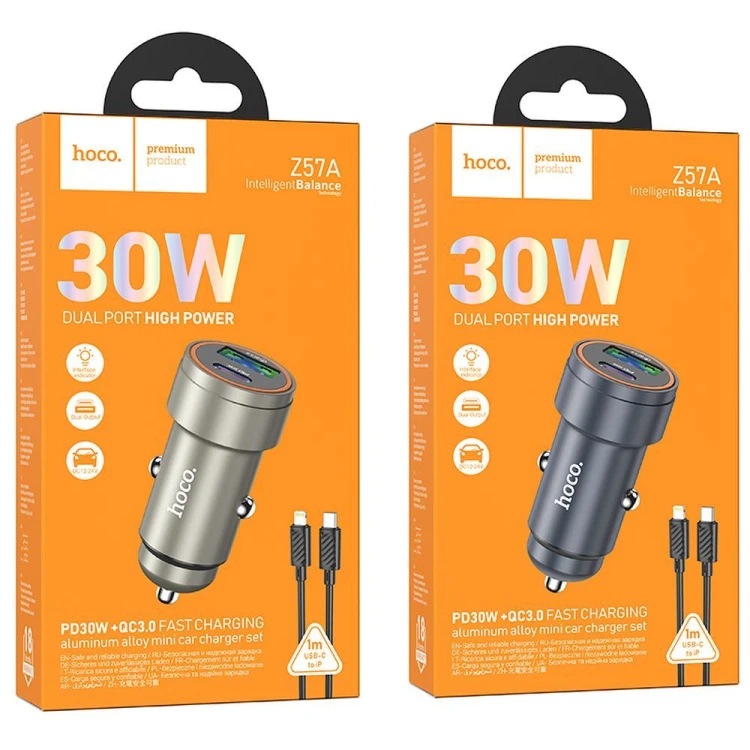 Aluminiowa Ładowarka Samochodowa Hoco Z57A 30W + Kabel iPhone Lightning