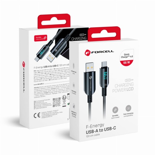 Inteligentny kabel USB-A do USB-C Forcell F-Energy Digital 66W z wyświetlaczem LCD – 1,2 m – Czarny