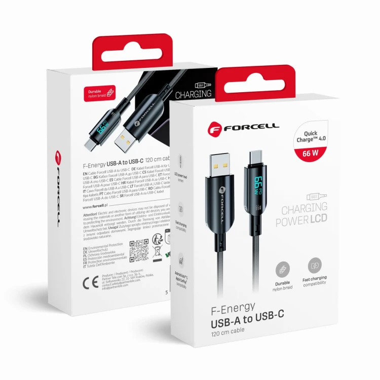 Inteligentny kabel USB-A do USB-C Forcell F-Energy Digital 66W z wyświetlaczem LCD – 1,2 m – Czarny