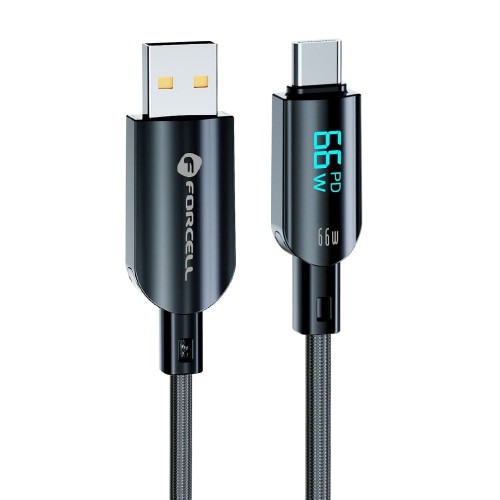 Inteligentny kabel USB-A do USB-C Forcell F-Energy Digital 66W z wyświetlaczem LCD – 1,2 m – Czarny