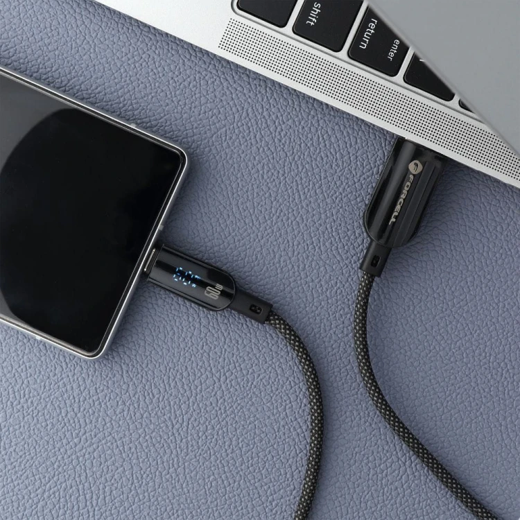 Inteligentny kabel USB-A do USB-C Forcell F-Energy Digital 66W z wyświetlaczem LCD – 1,2 m – Czarny