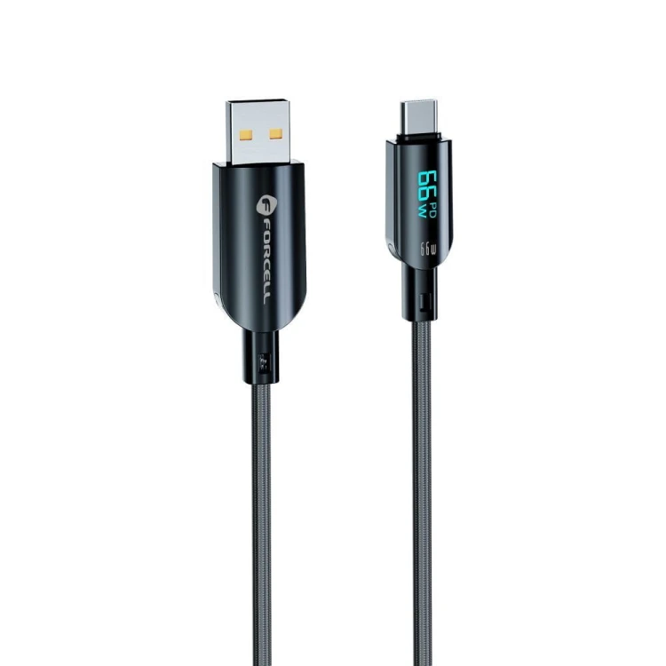 Inteligentny kabel USB-A do USB-C Forcell F-Energy Digital 66W z wyświetlaczem LCD – 1,2 m – Czarny