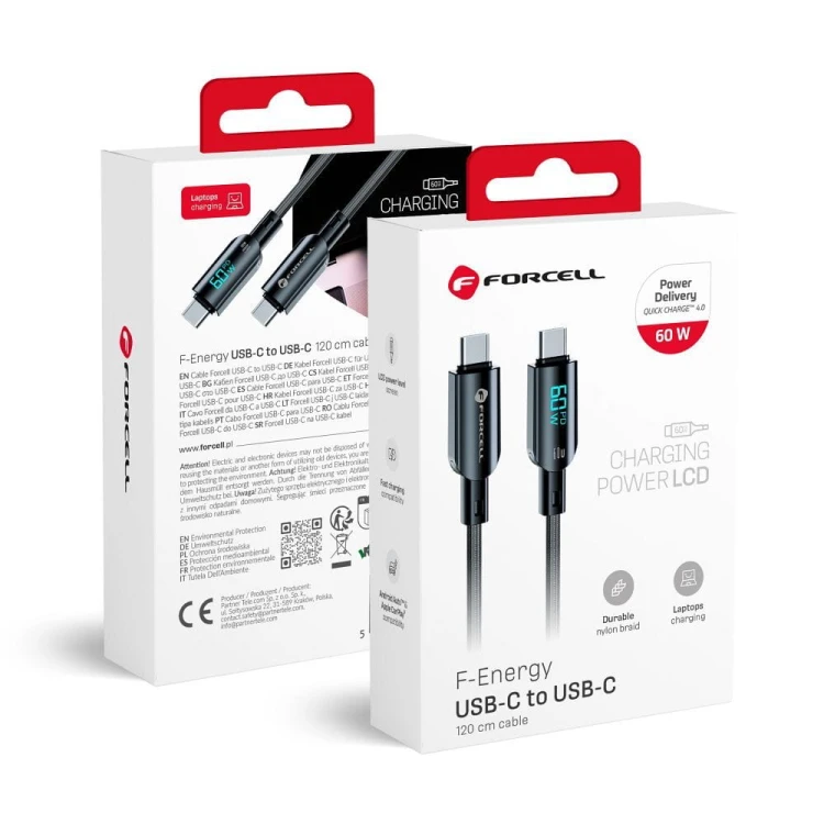 Inteligentny kabel USB-C do USB-C Forcell F-Energy Digital 60W z wyświetlaczem LCD – 1,2 m – Czarny