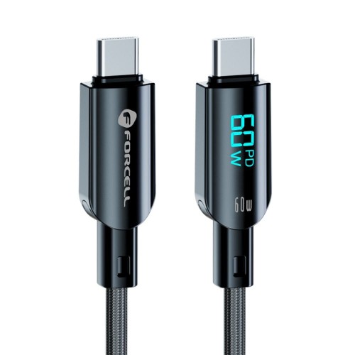 Inteligentny kabel USB-C do USB-C Forcell F-Energy Digital 60W z wyświetlaczem LCD – 1,2 m – Czarny