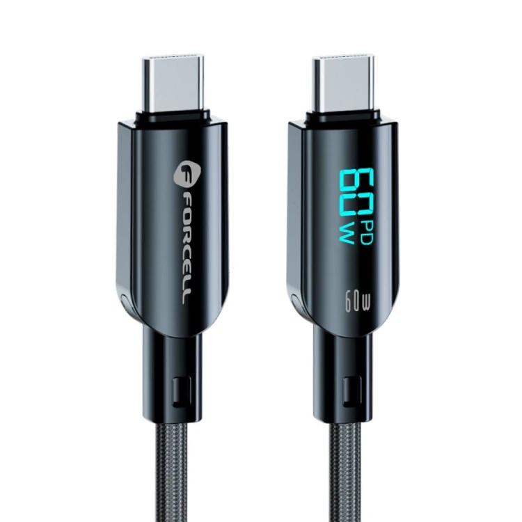 Inteligentny kabel USB-C do USB-C Forcell F-Energy Digital 60W z wyświetlaczem LCD – 1,2 m – Czarny